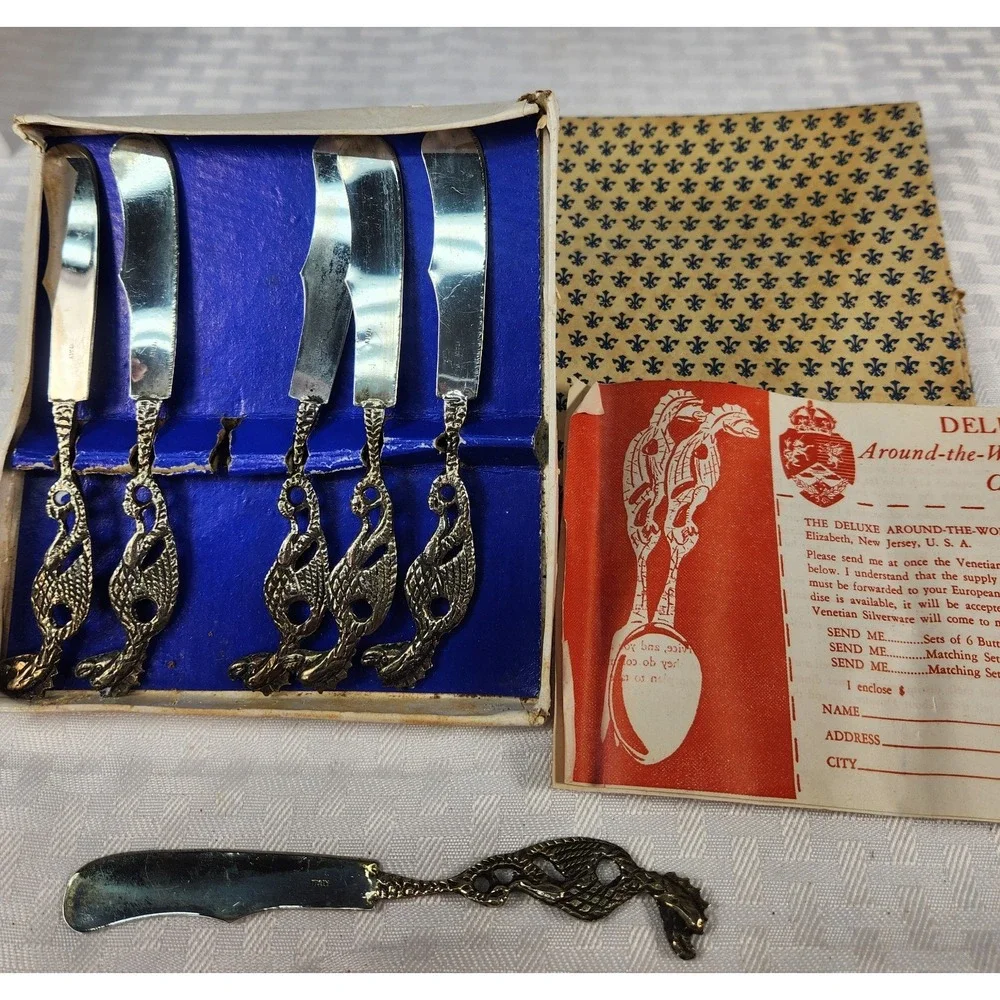 VTG Griffin Dragon Brass Flatware Butter Cheese Spreader Caviar Knife Set Italy